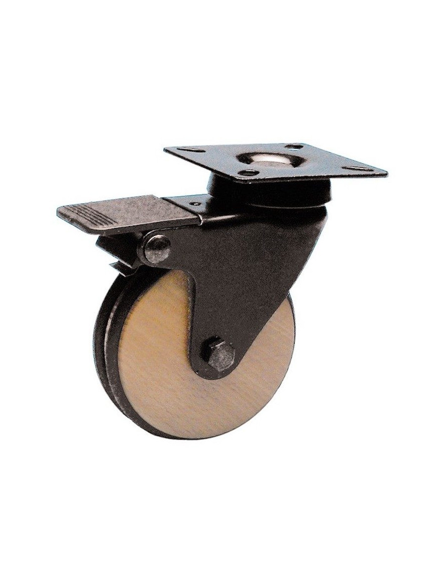 Roulette design pivotante frein noir diamètre 75 roue bois  bandage non marquant noir