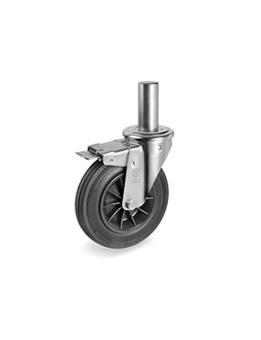 Roulette pivotante à frein diamètre 160 mm caoutchouc noir tige lisse 26 x 56 mm