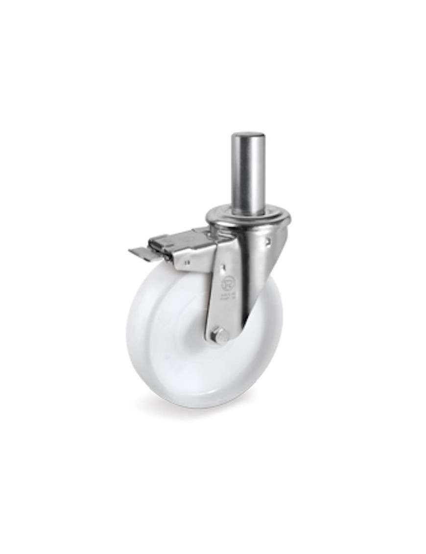 Roulette pivotante à frein diamètre 150 mm polyamide blanc tige lisse 26 x 56 mm