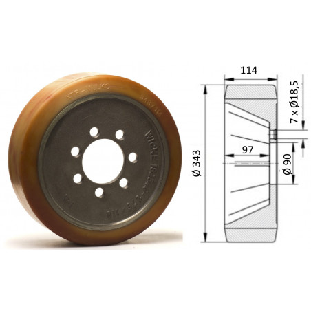 Roue motrice 343 x 140 - 7 trous ( Jungheinrich  50262633 )