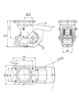 Roulette pivotante avec patin d'immobilisation intégrée diamètre 75  - 350 Kg