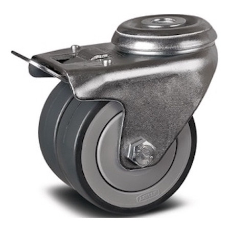 Roulette jumelée à oeil pivotante à frein diamètre 50 mm caoutchouc gris  roulements à billes - 60 Kg